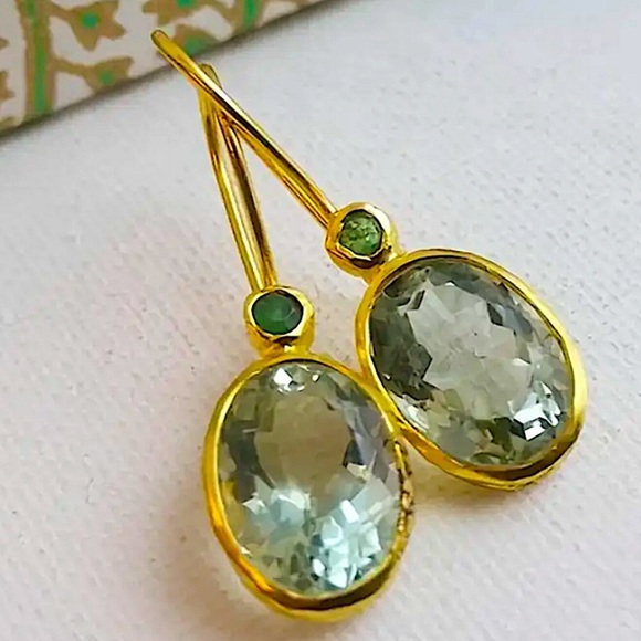 Green Amethyst Gold Plated Dangle Earrings Natural Gem Gemstone Jewelry - Picture 4 of 6